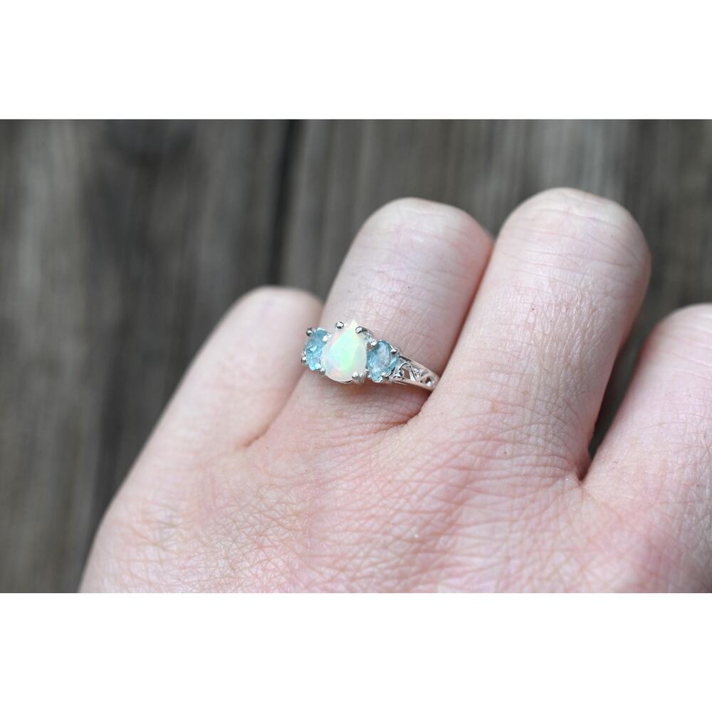 Aquamarine and opal engagement ring sterling silver size 3 4 5 6 7 8 9 10 11 12